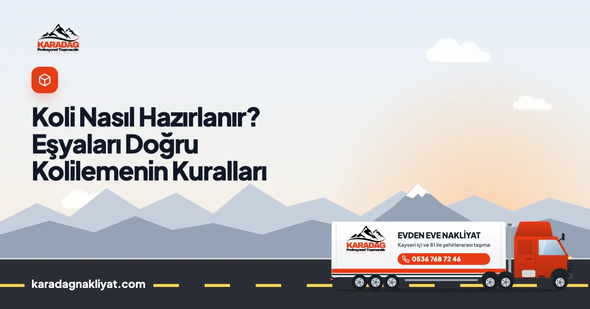 Koli hazırlama rehberi için yolda ilerleyen nakliyat kamyonu çizimi